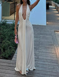 Halter Neck Deep Plunge Ruched Front Drape Panel Maxi Dress