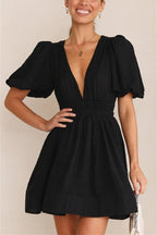 Deep V-Neck Puff Sleeve Smocked Waist Fit and Flare Mini Dress