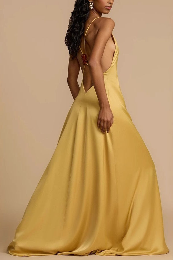 Satin Deep V-Neck Plunge A-Line Maxi Formal Gown