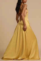 Satin Deep V-Neck Plunge A-Line Maxi Formal Gown