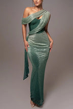 One Shoulder Draped Corset Bustier Ruched Column Maxi Gown