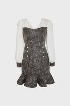 Tweed Double-Breasted Pearl Button Puff Sleeve Ruffle Hem Mini Dress