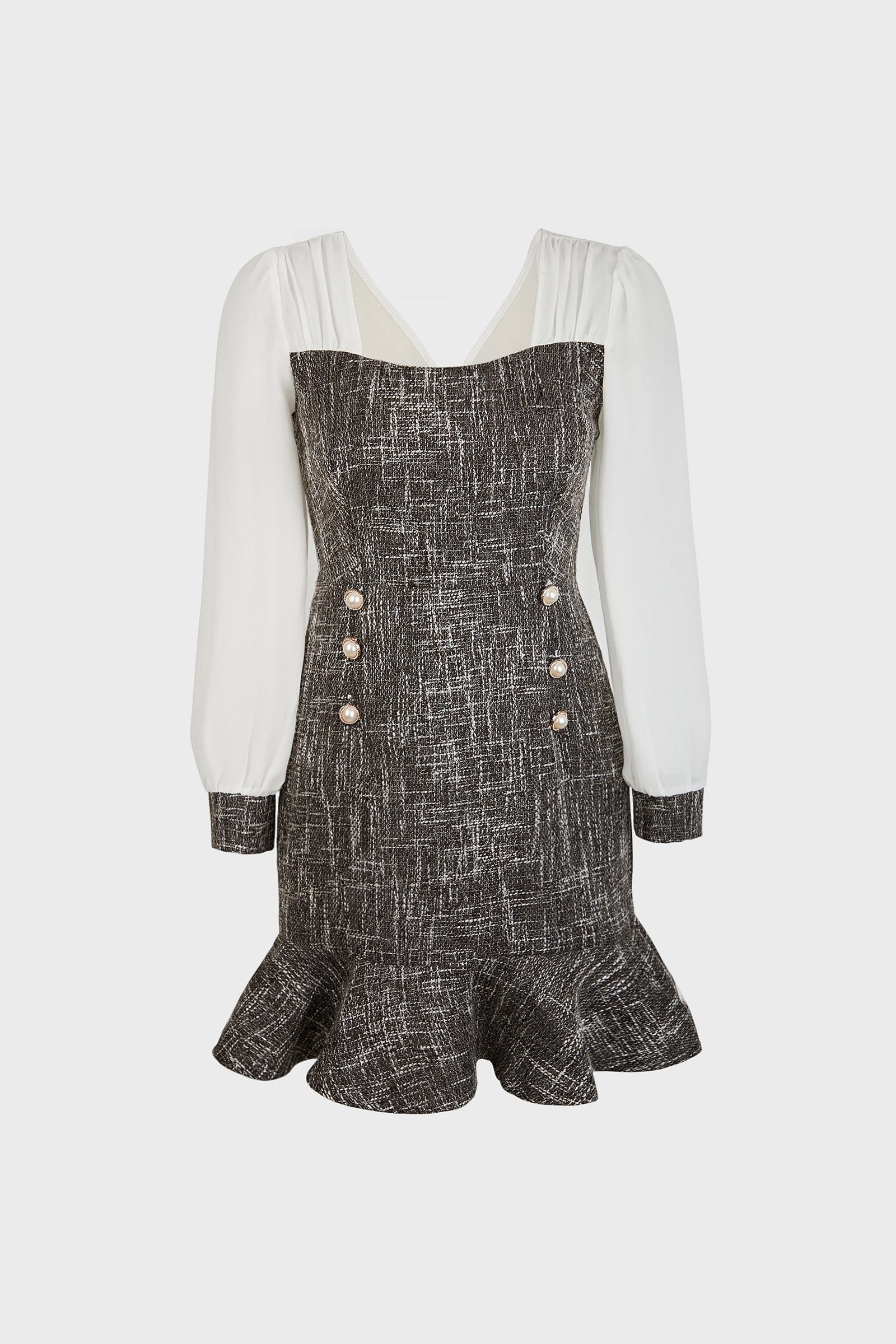 Tweed Double-Breasted Pearl Button Puff Sleeve Ruffle Hem Mini Dress