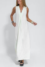 Deep V-Neck Center Pleat Sleeveless Flowy Maxi Dress