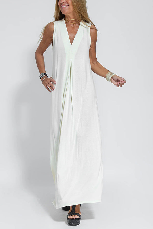 Deep V-Neck Center Pleat Sleeveless Flowy Maxi Dress