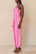 Metallic Pleated Fringe Halter Neck Backless Slit Maxi Gown