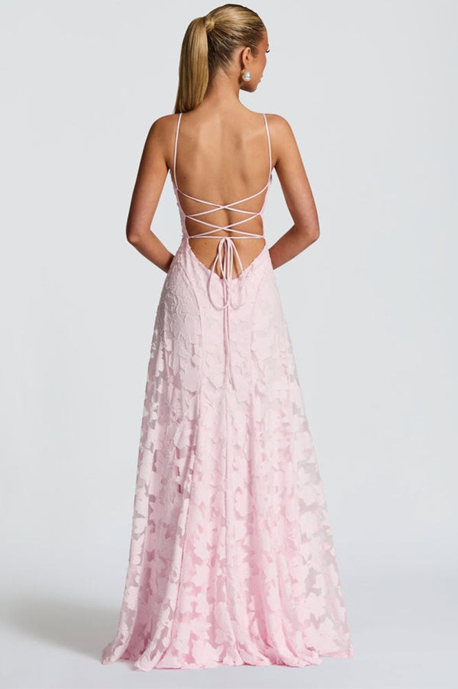 Floral Lace Cross Back Lace Up Open Back A-Line Maxi Gown