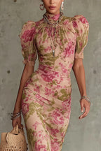 Unique Print Stand Collar Puff Sleeve Slim Fit Ruffle Maxi Dress