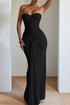 Sequin Strapless Corset Sweetheart Draped Knot Waist Formal Maxi Gown