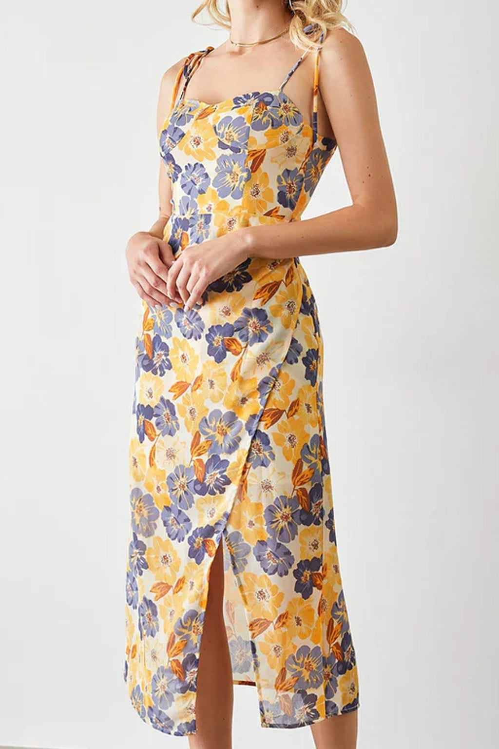 Tie Shoulder Floral Bustier Sweetheart Side Slit Midi Dress