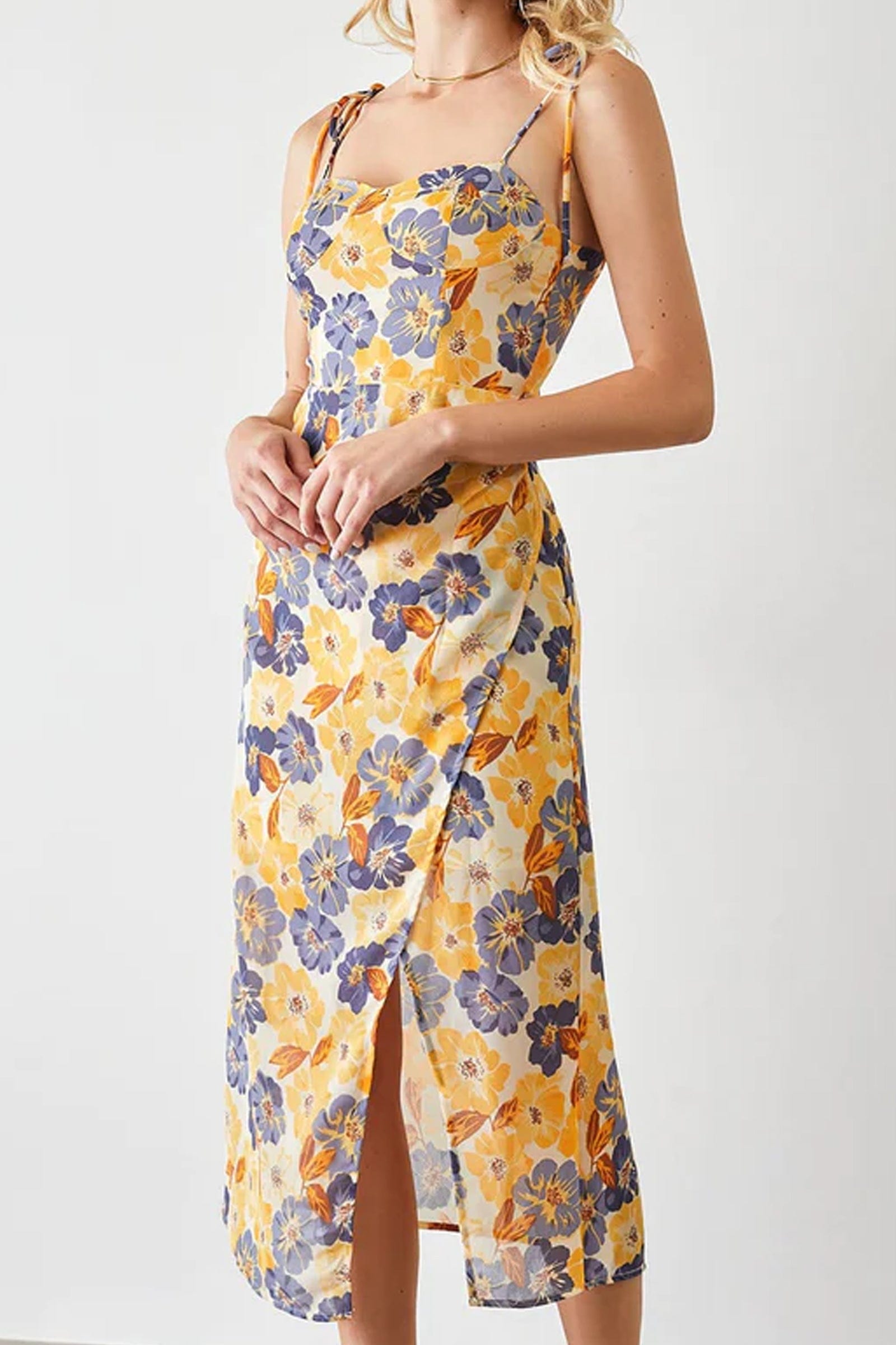 Tie Shoulder Floral Bustier Sweetheart Side Slit Midi Dress