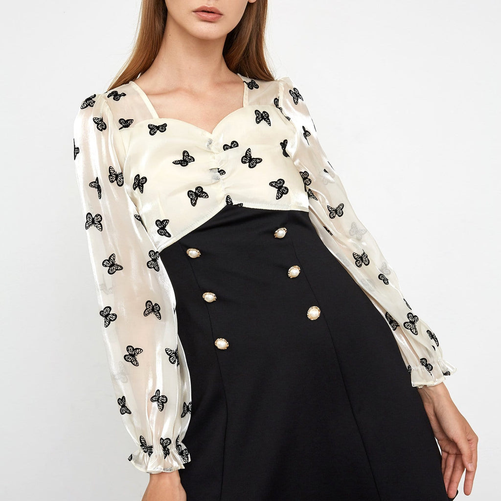 Butterfly Print Ruched Sweetheart Balloon Sleeve Pearl Button Mini Dress