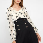 Butterfly Print Ruched Sweetheart Balloon Sleeve Pearl Button Mini Dress