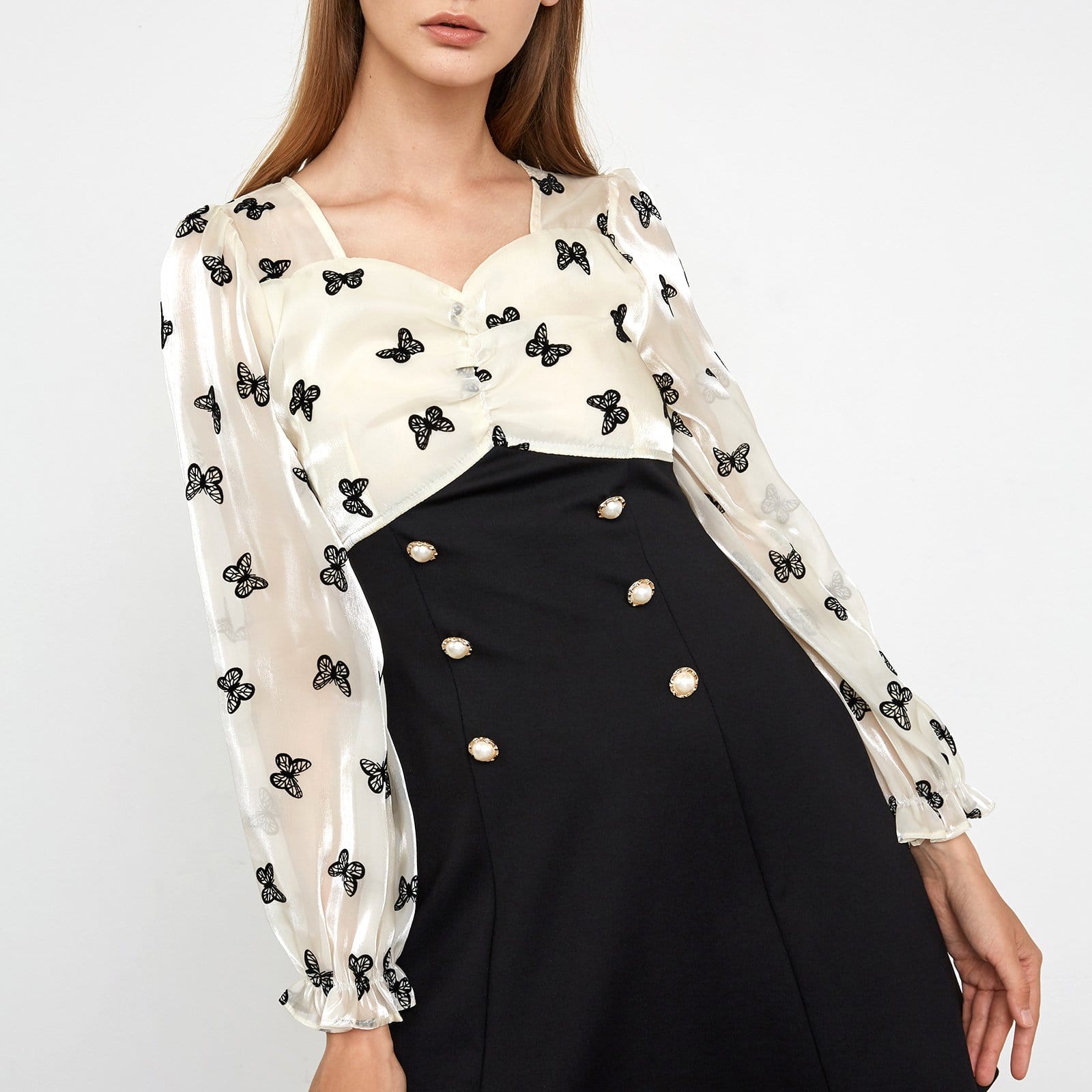 Butterfly Print Ruched Sweetheart Balloon Sleeve Pearl Button Mini Dress