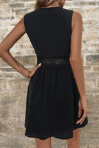 Deep V Neck Lace Trim Waistband Gathered A-Line Mini Dress