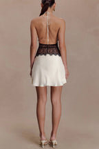 Fashionable Hollowed-out Lace Patchwork V-neck Backless Slim-fit Mini Dress