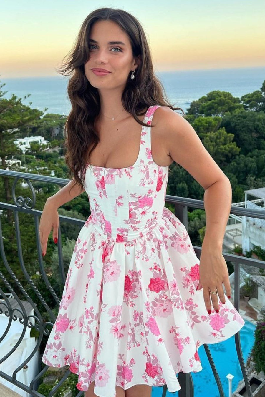 Square Neck Corset Bodice Floral Print Pleated Mini Dress