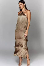 Halter Neck Tiered Fringe Midi Dress