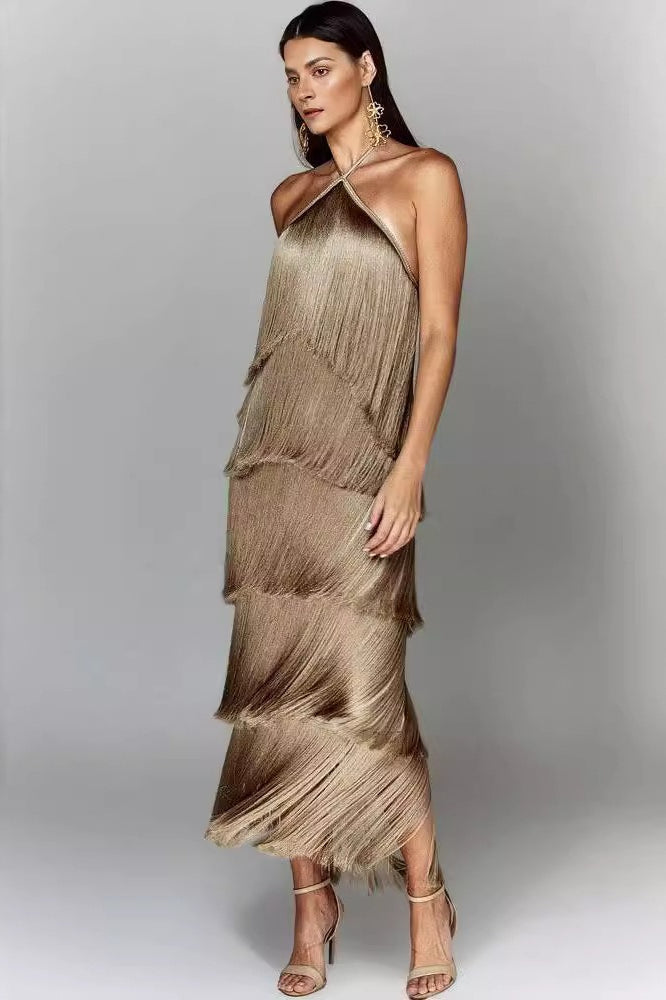Halter Neck Tiered Fringe Midi Dress