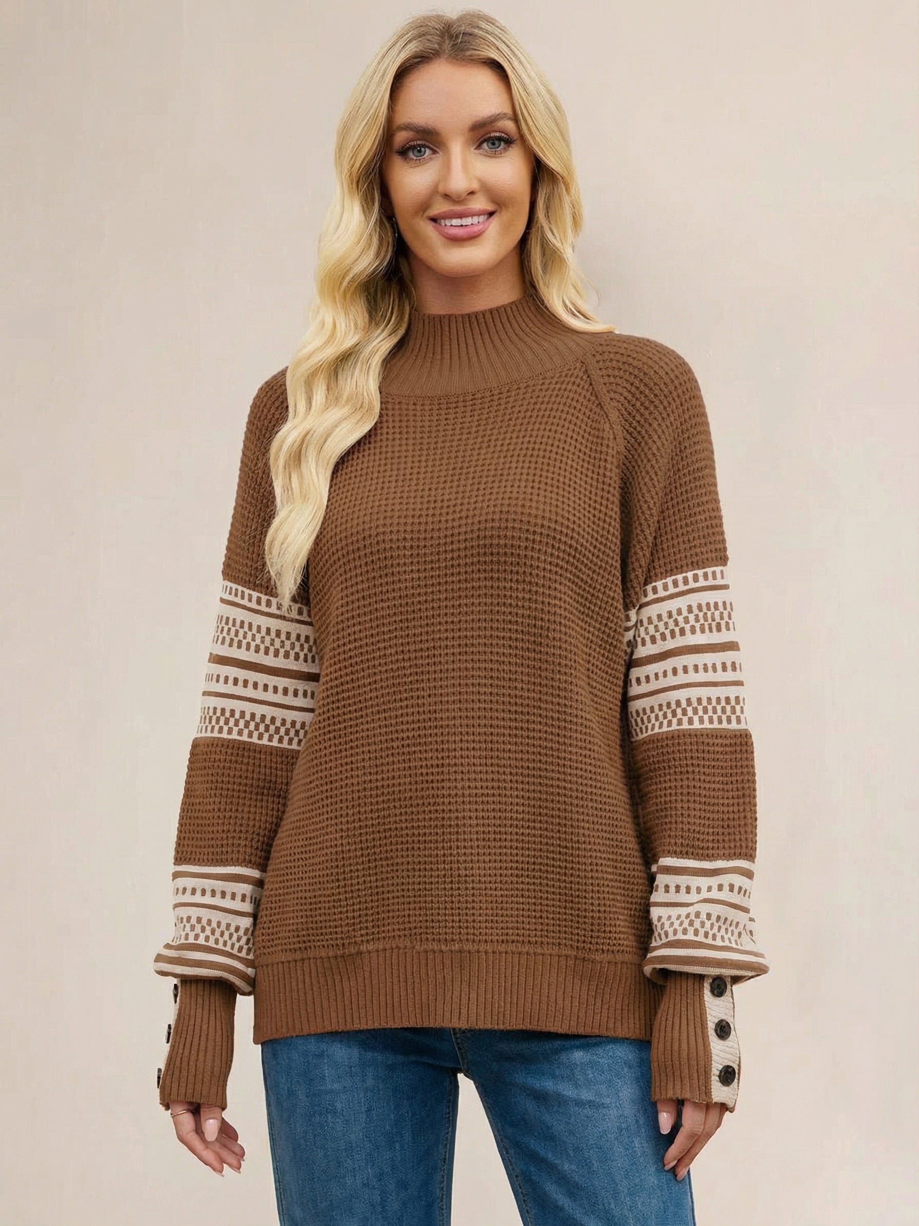 Mock Neck Knit Sweater Stripe Print Sleeve Button For Women 2026