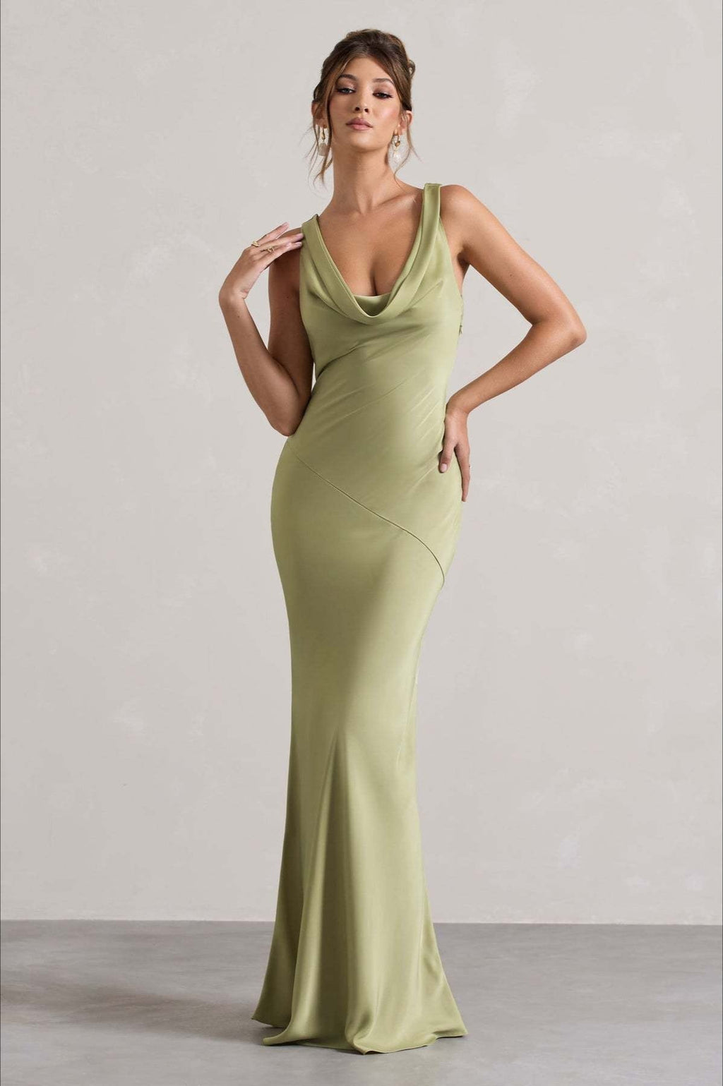 Satin Cowl Neck Wide Strap Diagonal Panel Column Maxi Gown
