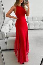 Solid Color Round Neck Sleeveless Slim Fit Sheer Patchwork Hem Maxi Dress