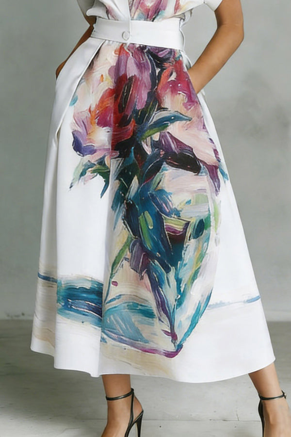 Fashionable Art Print Collared Short Sleeve Casual Pocket Midi Dress