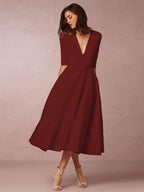 Plunge Midi Dress Half Sleeves Pockets A-Line Prom Dresses In Burgundy