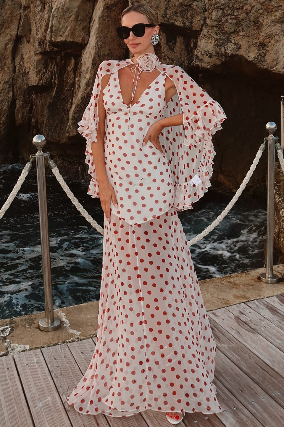 Polka Dot Deep V-Neck Sheer Cape Sleeve Maxi Dress