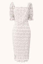 Off Shoulder Floral Lace Puff Sleeve Bodycon Midi Dress