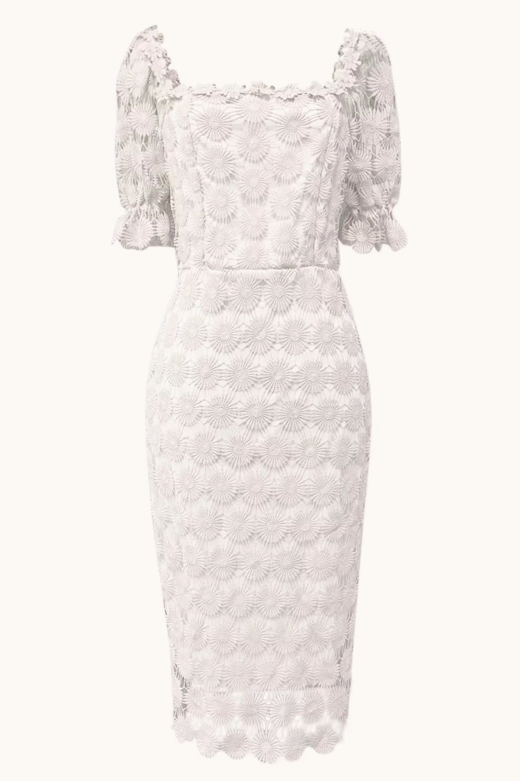 Off Shoulder Floral Lace Puff Sleeve Bodycon Midi Dress