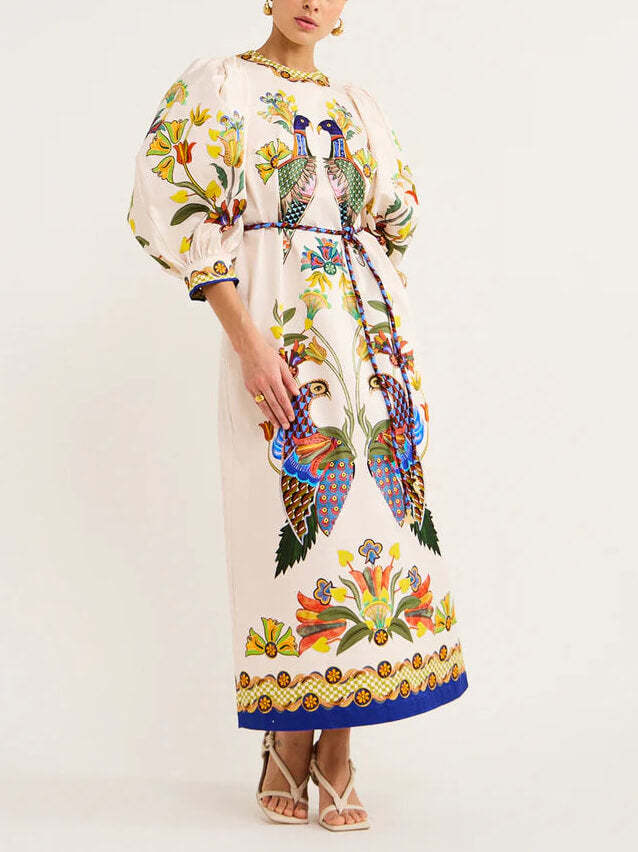 Lantern Sleeve Bird Print Rope Belt Pocket Maxi Dress