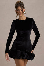 Velvet Pleated Hem Long Sleeve Party Dress