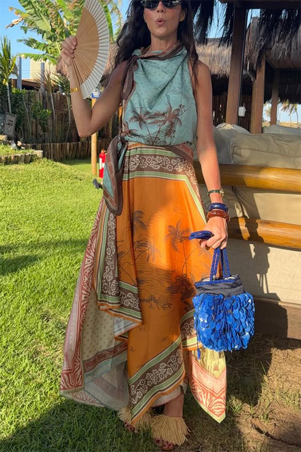Alberta Satin Unique Color-blocked Print Tie Detail Layered Scarf Midi Dress