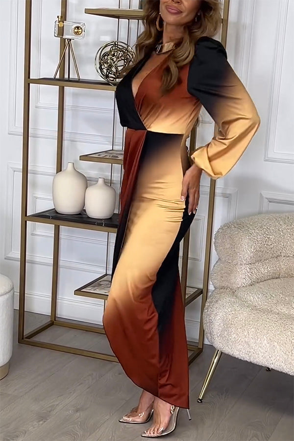 Wrap Front Deep V-Neck Puff Sleeve Draped Gradient Print High Low Slit Maxi Dress