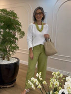 White round neck long sleeve top + Green Loose Casual Pants