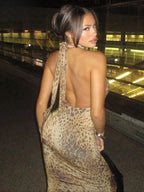 Print Halter Mock Neck Chain Front Bodycon Maxi Dress