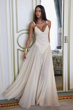 Deep V-Neck Metal Ring Strap Dropped Waist Pleated Maxi Mini Dress