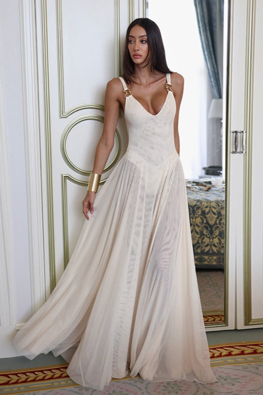 Deep V-Neck Metal Ring Strap Dropped Waist Pleated Maxi Mini Dress