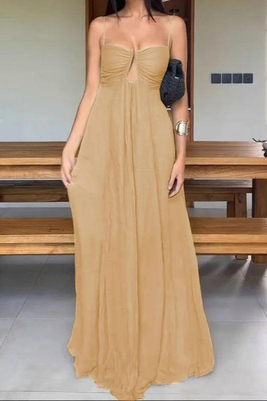 Spaghetti Strap Ruched Keyhole Bodice Crinkle Texture Flowy Maxi Dress