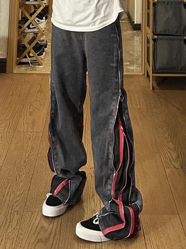 Contrast Color Side Double Zipper Boyfriend Jeans