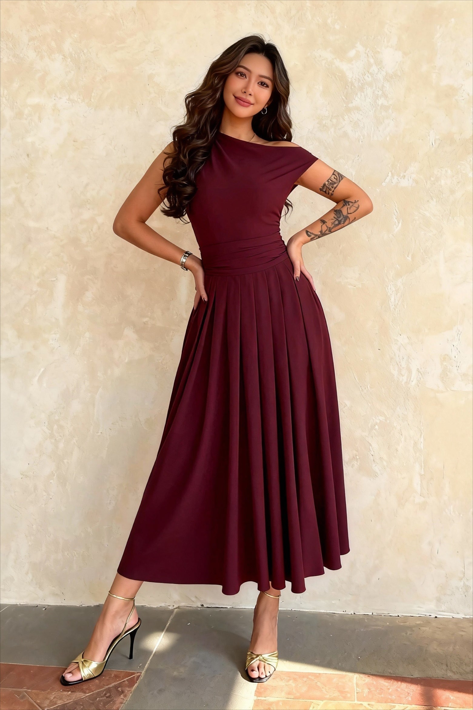 One Shoulder Ruched Waistband Pleated A-Line Midi Dress