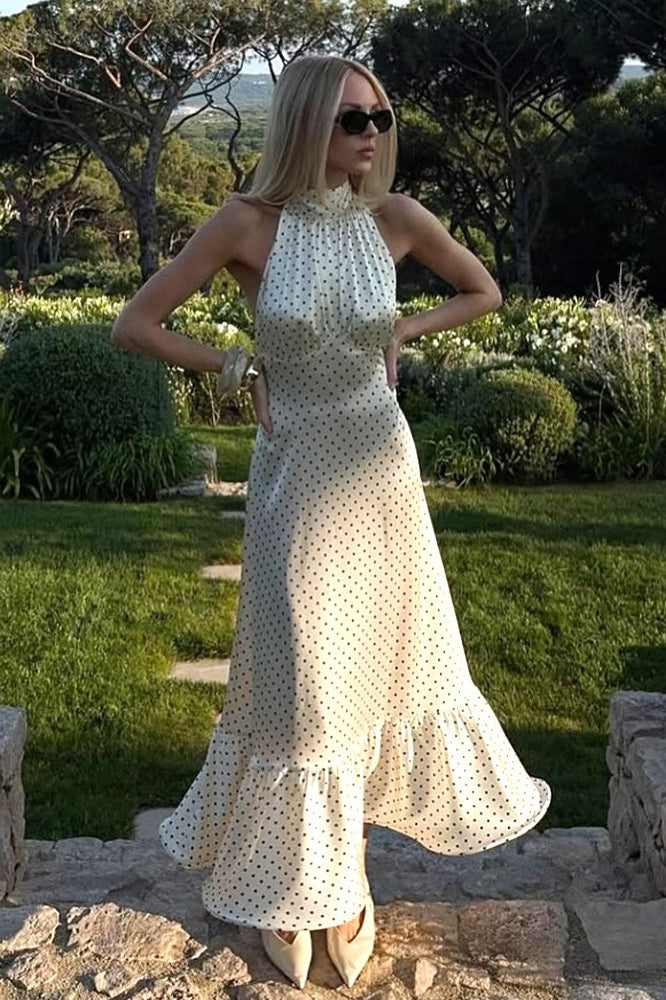 Polka Dot Halter Back Sash Tie Ruffle Hem Backless Satin Maxi Dress