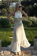 Polka Dot Halter Back Sash Tie Ruffle Hem Backless Satin Maxi Dress