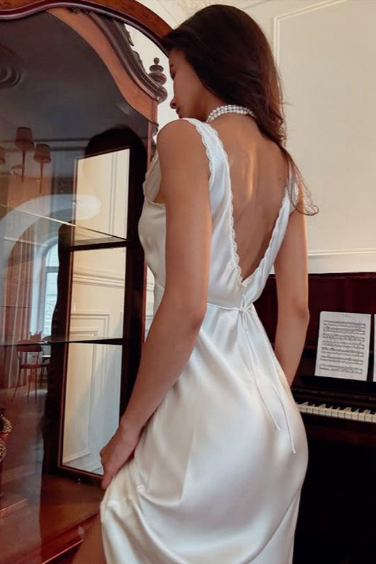 Satin Lace Trim Empire Waist Scoop Neck Slip Maxi Dress