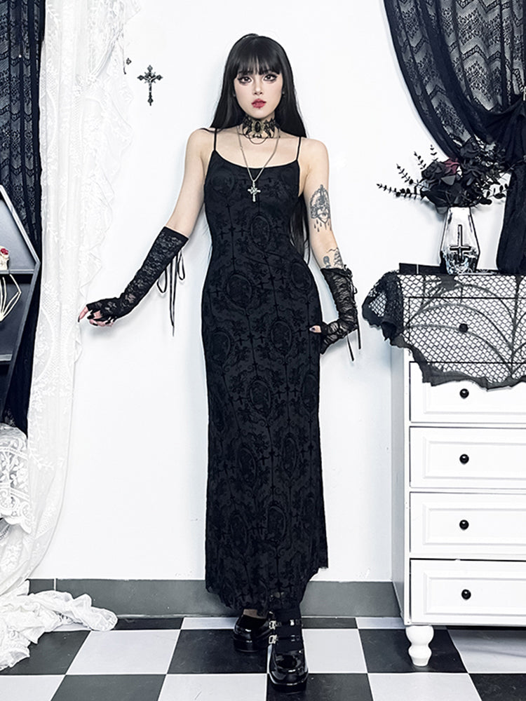 Jacquard Cross Print Spaghetti Strap Bodycon Maxi Dress