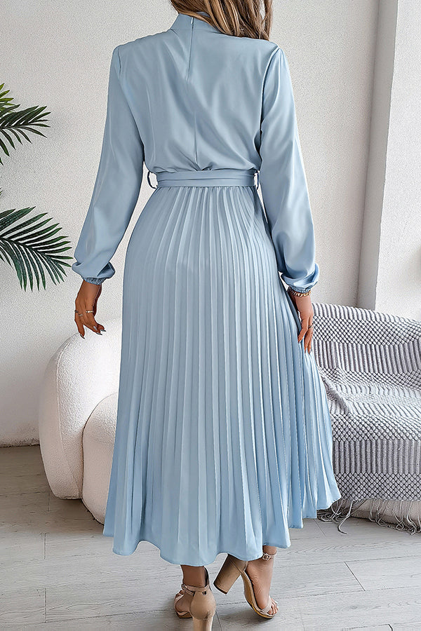 Mock Neck Lantern Sleeve Belted Pleated A-Line Midi Dress