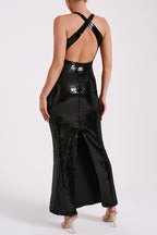 Sequin Deep V-Neck 3D Floral Applique Bodycon Maxi Gown