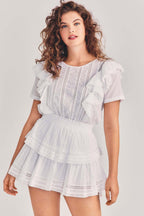 Eyelet Lace Ruffle Sleeve Smocked Waist Tiered Mini Dress