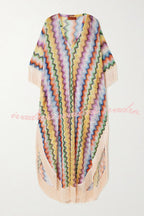 Mezcal Knit Colorful Zigzag Pattern Tassle Trim Loose Kaftan Maxi Dress